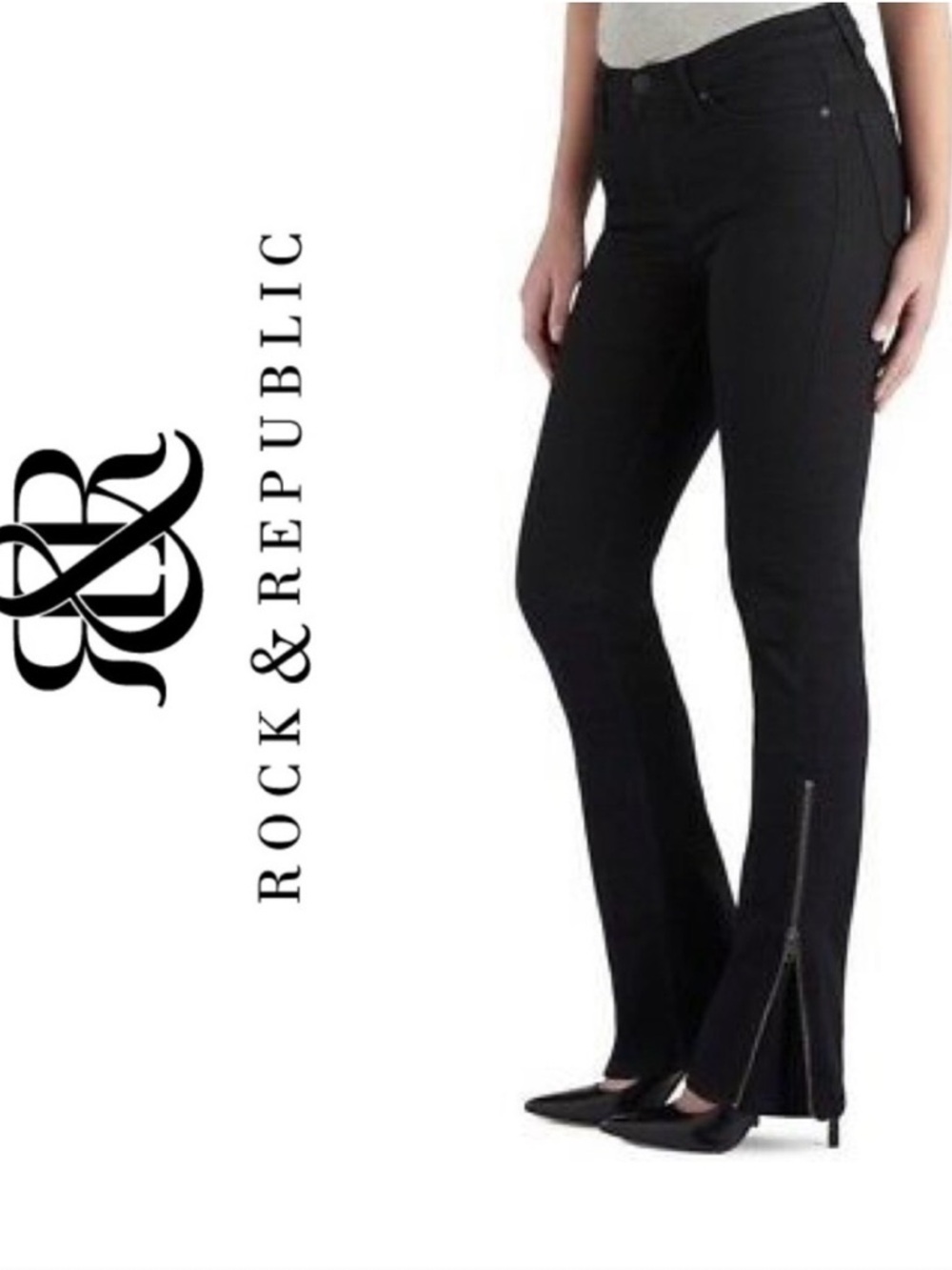 Rock & Republic Kasandra Black Straight Leg/Bootcut Jeans Side Zip Misses Size12